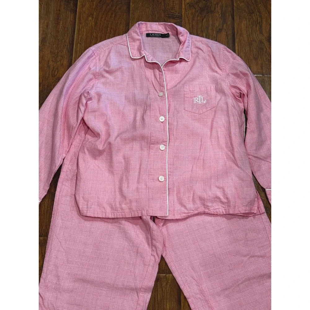 Lauren Ralph Lauren Pajama Set Pink Plaid Cotton Long Sleeve Button Down Medium